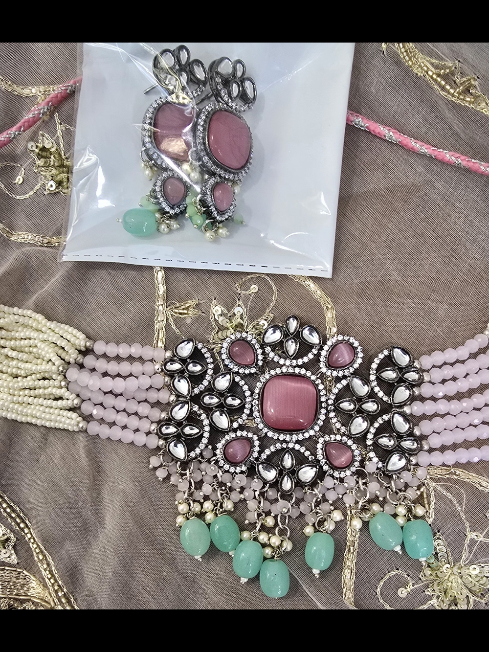 Pink Multi-Strand Statement Necklace & Earrings Set with Green Bead Drops